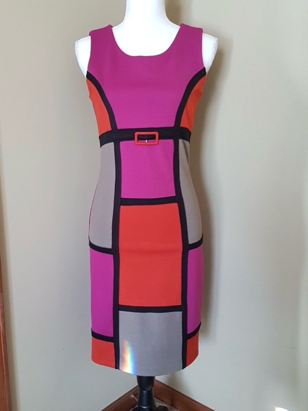 Sleeveless Pink & Orange Colorblock Knit Dress with Black Trim from Greece